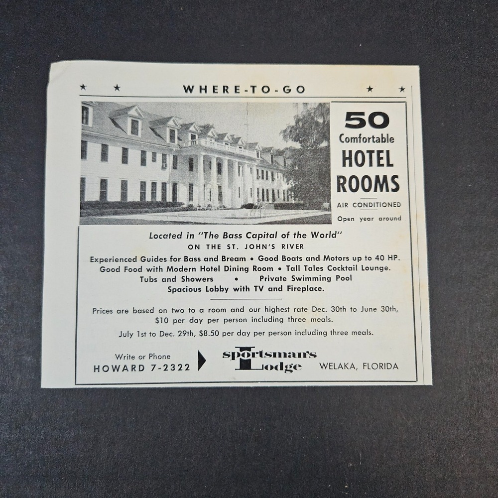 1962 Sportsman's Lodge Vintage Print Ad St John's River Welaka FL Bass‎ Capital